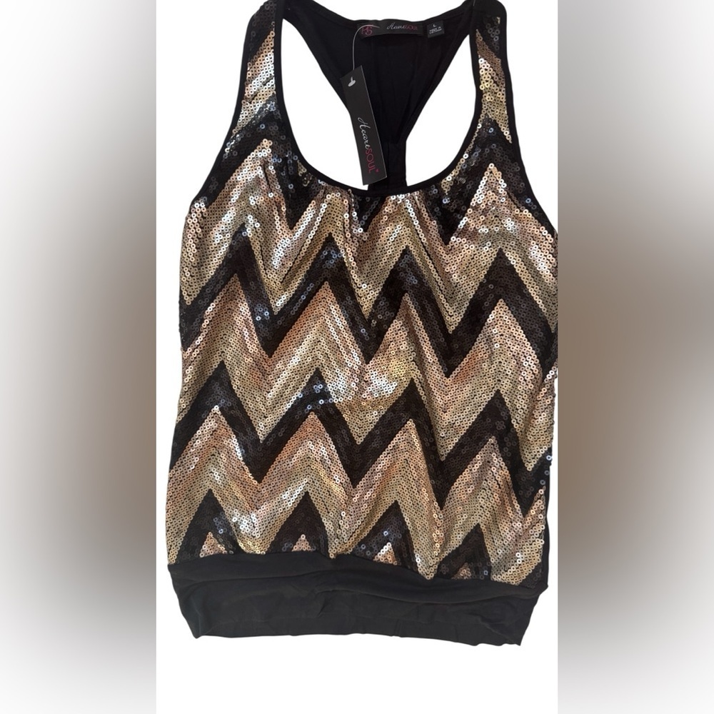 HEART SOUL Black & Gold Chevron Sequin Racerback Tank Top